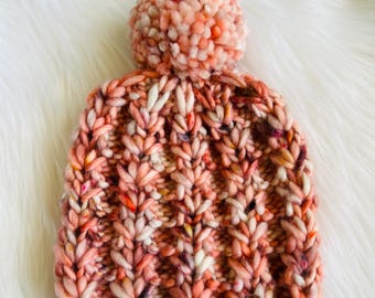 Handmade Chunky Knit Merino Wool Beanie: Boho Winter Hat with Pom