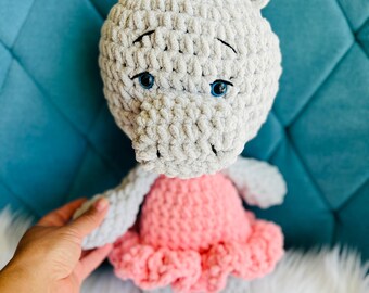 Crocheted Hippo Ballerina Plushie: Handmade Acrylic Animal Toy