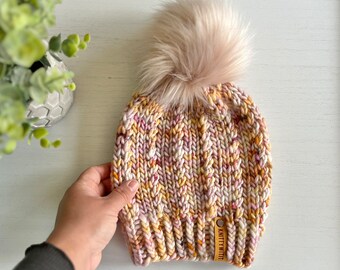 Pink Chunky Knit Beanie: Handmade 100% Merino Wool Hat with Pom