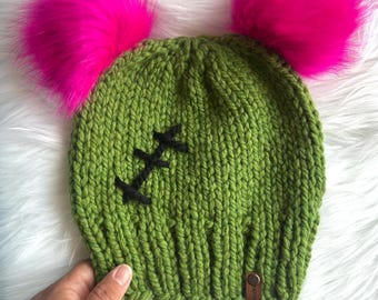 Handmade Knit Zombie Beanie: Green Wool Blend Hat with Neon Pink Poms