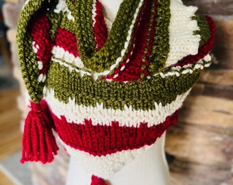 Christmas Knit Shawl Wrap for Women, Red Green & Cream Wool Blend Scarf, Handmade Holiday Shawl with Tassels