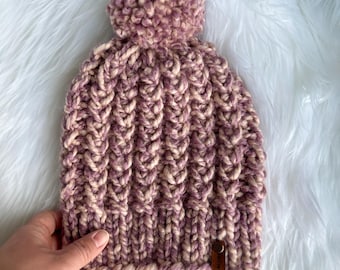 Handmade Chunky Knit Beanie with Pom - Purple Ombre