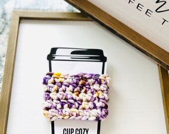 Purple Speckle Crochet Coffee Sleeve: Merino Wool Cup Cozy