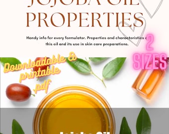 May include: A printable guide to the properties of jojoba oil, with illustrations of jojoba seeds and oil. The text reads "Jojoba Oil Properties" and "Downloadable & Printable pdf".