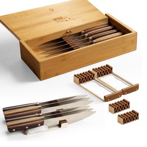 Kid Safe - In Drawer Bamboo Lockable Knife Box with Beautiful Leather Knife Holders. Only 5.5 Inches Wide. Best Knife Block Alternative!