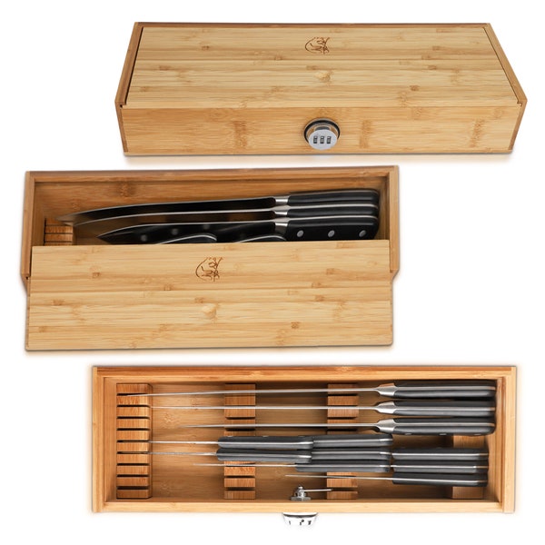 Kid Safe - In Drawer Bamboo Sharp Knives Holder & Organizer. Only 5.5 Inches Wide. Best Knife Block Alternative! (Knives Not Included)