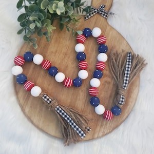 Red White and Blue Wood Bead Garland, 4th of July Decor, Patriotic Wooden Bead Garland, Independence Day Tiered Tray Decor