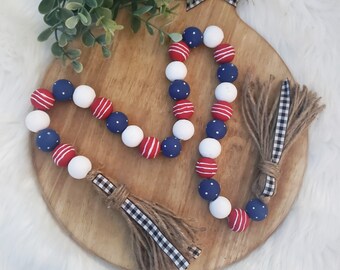 Red White and Blue Wood Bead Garland, 4th of July Decor, Patriotic Wooden Bead Garland, Independence Day Tiered Tray Decor