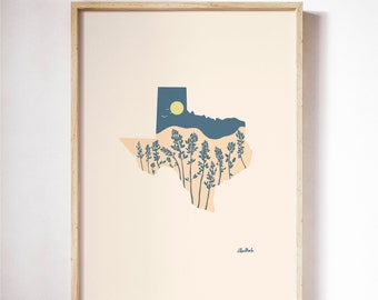 Texas Blue Bonnets Poster | Texas Outline Art | Digital Download | Minimal Wall Art | Office Wall Art | Blue Bonnets Flowers | State Flowers