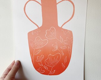 Block Printed Vase Hand-Carved Linocut