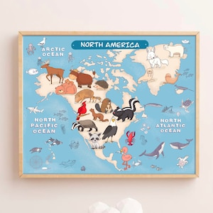 Nordamerika Kontinent Lerndruck Tiere Weltkarte Wandkunst Homeschool Spielzimmer Kindergarten Kinder Poster Herunterladbare Drucke