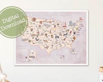 US map poster, Homeschool educational poster, Montessori materials
