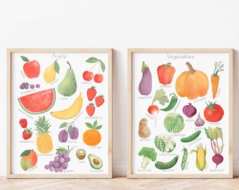 Watercolor Fruit and Vegetable Prints Classroom Educational Posters Montessori Downloadable Prints for Toddler Food Art Set of Two Prints