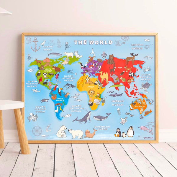 Animal World Map Poster Homeschool Montessori Materialien Lernspielzimmer Herunterladbare Drucke