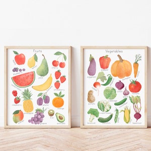 Watercolor Fruit and Vegetable Prints Classroom Educational Posters Montessori Downloadable Prints for Toddler Food Art Set of Two Prints