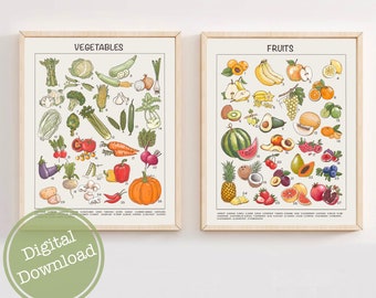 Conjunto de dos láminas, láminas descargables de frutas y verduras, carteles educativos
