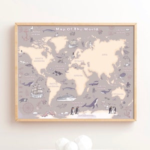 Karte der Tiere Spielzimmer Kinder Weltkarte Poster Druckbar Lernmittel Klassenzimmer Dekor für Homeschool Wand Kunst Boho Kinderzimmer Druck