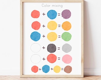 Pode incluir: Um gráfico imprimível com círculos coloridos que ilustram a mistura de cores. O gráfico mostra as cores vermelho, azul, amarelo, preto, branco, laranja, verde, roxo, cinza, rosa e marrom.