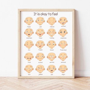 Póster de emociones para niños, póster educativo, tabla de sentimientos para niños pequeños, arte de asesoramiento imprimible, decoración para aulas preescolares.