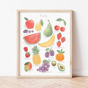 Fruits Poster Watercolor Educational Prints for Toddlers Printable Montessori Art for Classroom Fruit Print Nursery Art Downloadable Prints