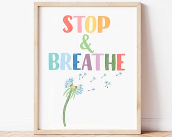 Póster "Detente y respira", decoración para habitación infantil, arte de pared relajante, impresiones de acuarela para guardería, decoración de aula con arcoíris, póster de salud mental para sala de juegos