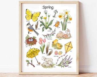 May include: A colorful illustration of spring-themed objects, including a butterfly, bird, dandelion, daffodils, chicks, a nest, a key, a bug, a kite, an umbrella, tulips, pussy willow, rabbits, lambs, and lavender. The text "Spring" is at the top of the image.