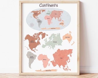 Kids World Map Printable: Pastel Continents Educational Poster (Digital Download)