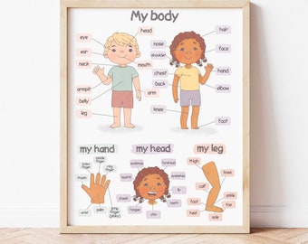 Body Parts Poster Montessori Homeschool Educational Posters for Toddlers Human Body Downloadable Prints Preschool Kids Anatomy Poster