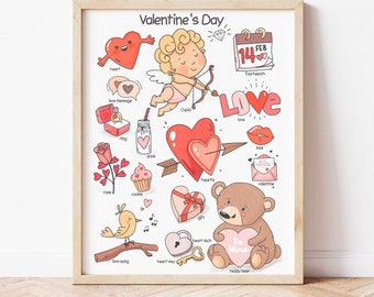 Valentines Day Poster Nursery Downloadable Prints Printable Valentines Classroom Decor Kindergarten Pre-K Preschool Educational Posters