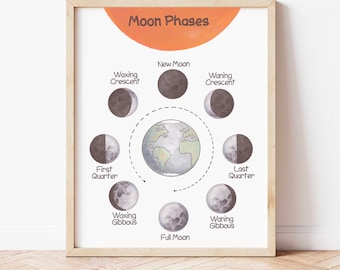 May include: A white poster with a black frame showing the phases of the moon. The poster has a light orange background with the words "Moon Phases" in black text. The poster shows the eight phases of the moon with a small illustration of the earth in the center.
