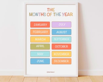 Months of the Year - Classroom Posters, Printable Montessori Materials, Homeschool Educational Poster Nursery, Colorful Classroom Art Print