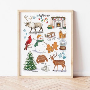 Winter druckbare Wand Kunst Kinderzimmer Drucke Aquarell Lernposter für Kleinkinder Weihnachten Urlaub Klassenzimmer Dekor Montessori Kunstdrucke