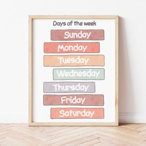 Days of the Week Poster Preschool Educational Posters for Toddlers Montessori Nursery Prints Homeschool Classroom Poster Printable Wall Art