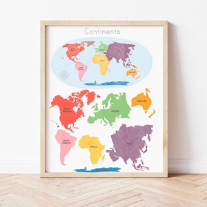 Montessori Weltkarte Wandkunst Kontinente Lernposter Aquarell Homeschool Klassenzimmer Kinderzimmer Drucke Regenbogen Printable Kinderzimmer Dekor