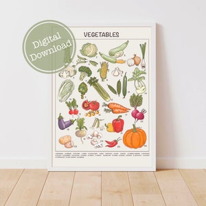 Affiche de légumes, préscolaire, impressions téléchargeables, impressions éducatives imprimables, décoration d'art mural cuisine Montessori pour l'école à la maison