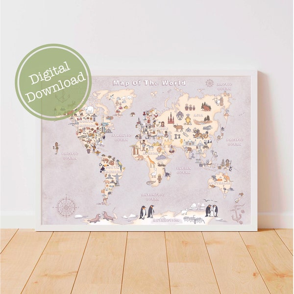 Kids world map, Homeschool educational poster, Printable Montessori materials