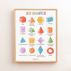 Póster de formas 3D Decoración del aula preescolar Póster educativo de educación en el hogar para niños Sala de juegos Montessori Wall Art Impresiones descargables