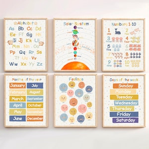 Set of 6 Prints Educational Classroom Posters Pastel Homeschool Printable Decor Montessori Learning Posters for Toddlers Nursery Wall Art