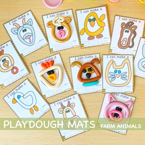 Cartões visuais de tapetes Doh de animais de fazenda, atividades para crianças de massinha para impressão, materiais Montessori para educação em casa, jardim de infância pré-K