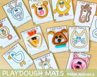 Bauernhof Tiere spielen Doh Matten Visuelle Karten, druckbare Play Dough Kleinkind Aktivitäten, Homeschool Montessori Materialien Pre-K Kindergarten
