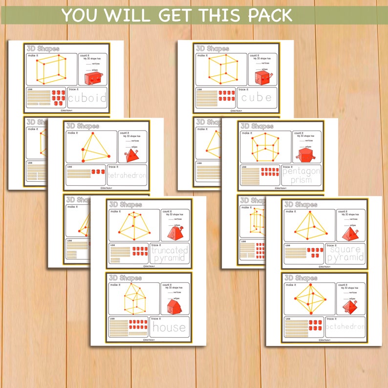 May include: A set of printable worksheets for learning about 3D shapes. Each worksheet features a different 3D shape, including a cube, cuboid, tetrahedron, pentagon prism, truncated pyramid, square pyramid, house, and octahedron. Each worksheet includes a diagram of the shape, a table for counting the edges, faces, and vertices, and a space for students to draw the shape.