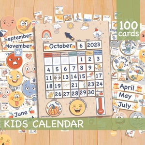 Perpetual Kids Calendar, Printable Montessori Homeschool Preschool Classroom Visual Calendar, Morning Board Weather Emotions Chart