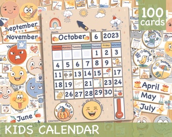 Perpetual Kids Calendar, Printable Montessori Homeschool Preschool Classroom Visual Calendar, Morning Board Weather Emotions Chart