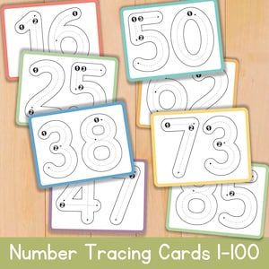 Kaarten voor het traceren van cijfers 1-100 Afdrukbaar handschriftoefening Werkbladen voor kleuters Leren cijfers Flash-kaarten Wiskunde Printables voor kleuters