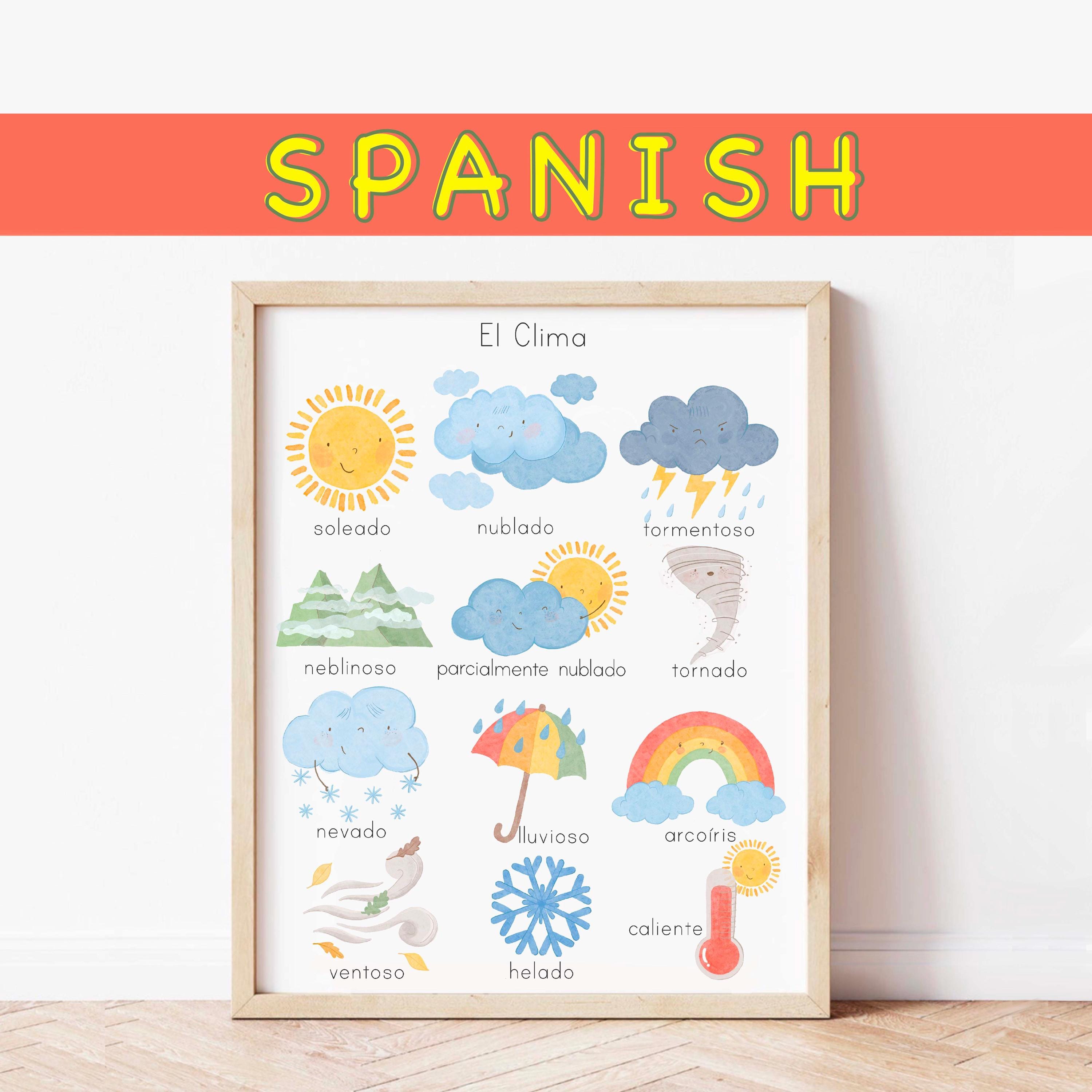 Spanish Weather Poster Homeschool Classroom Decor Spanish Educational Wall Art Preschool Playroom Prints Vibrant Rainbow Watercolor Print