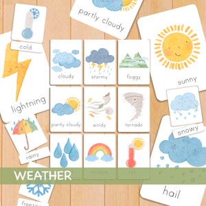 Weather Flash Cards Toddler Watercolor  Educational Flashcards Printable Homeschool Preschool Montessori Printable Cards