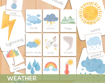 Weather Flash Cards Toddler Watercolor  Educational Flashcards Printable Homeschool Preschool Montessori Printable Cards