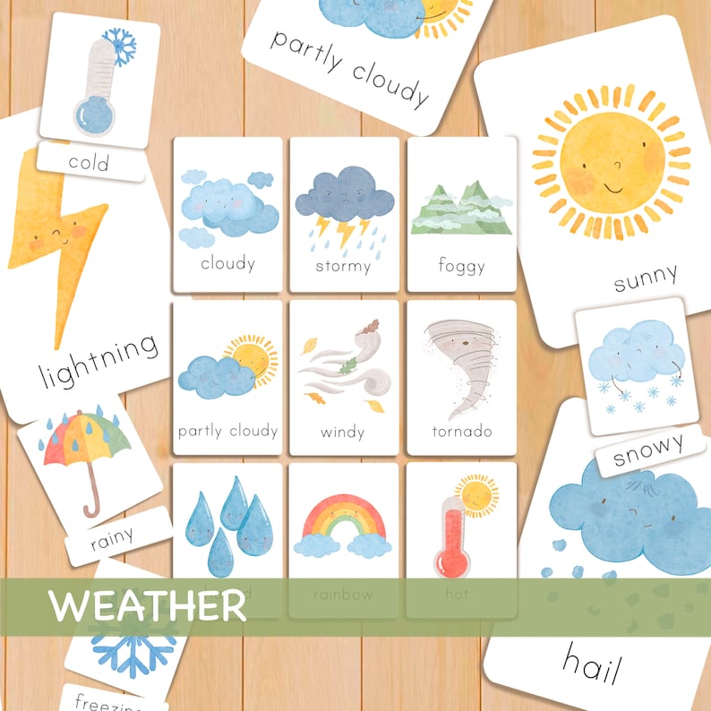 Weather Flash Cards Toddler Watercolor Educational Flashcards Printable ...
