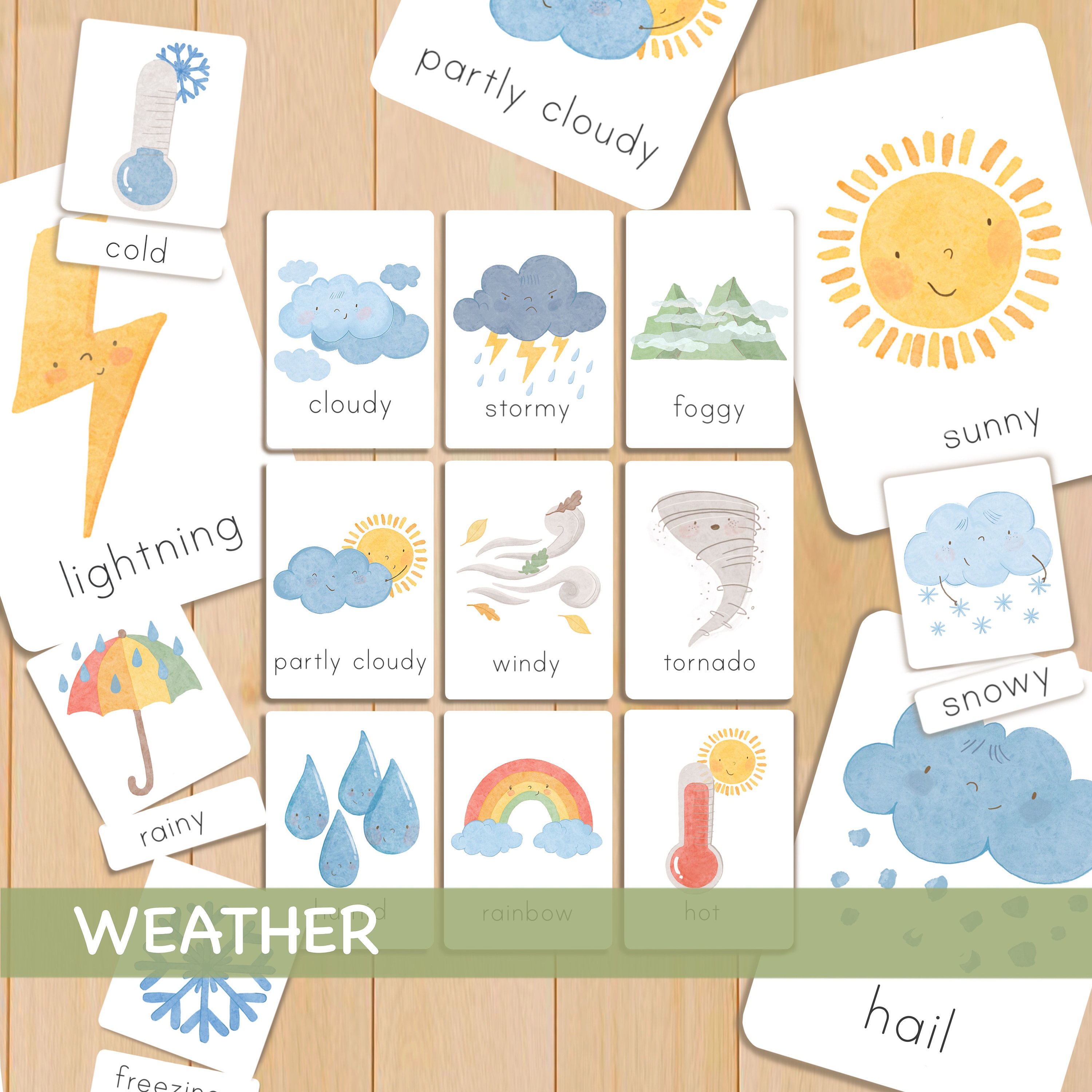 Weather Flash Cards Toddler Watercolor Educational Flashcards Printable ...