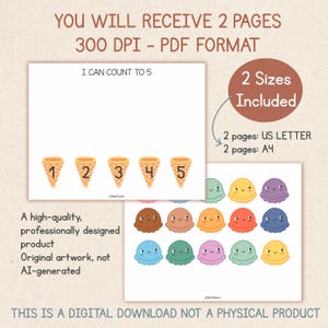 May include: Digital download featuring two pages with ice cream cone illustrations numbered 1-5, and colorful ice cream scoops. Text includes "I CAN COUNT TO 5" and "2 Sizes Included". The product is a digital download, not a physical product.